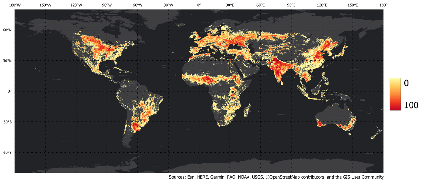 WorldCereal 2021 temporary crop extent map, resampled to ~0.004 ° resolution.