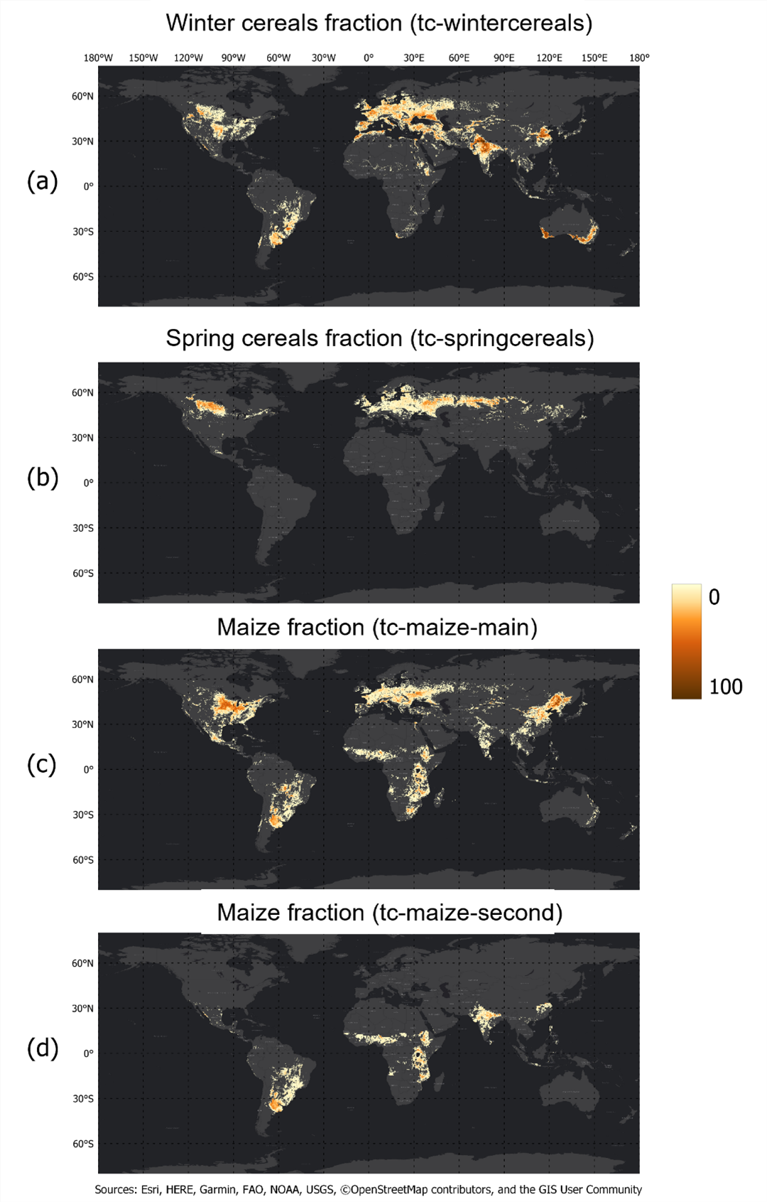 WorldCereal 2021 seasonal crop type maps, resampled to ~0.004 ° resolution.