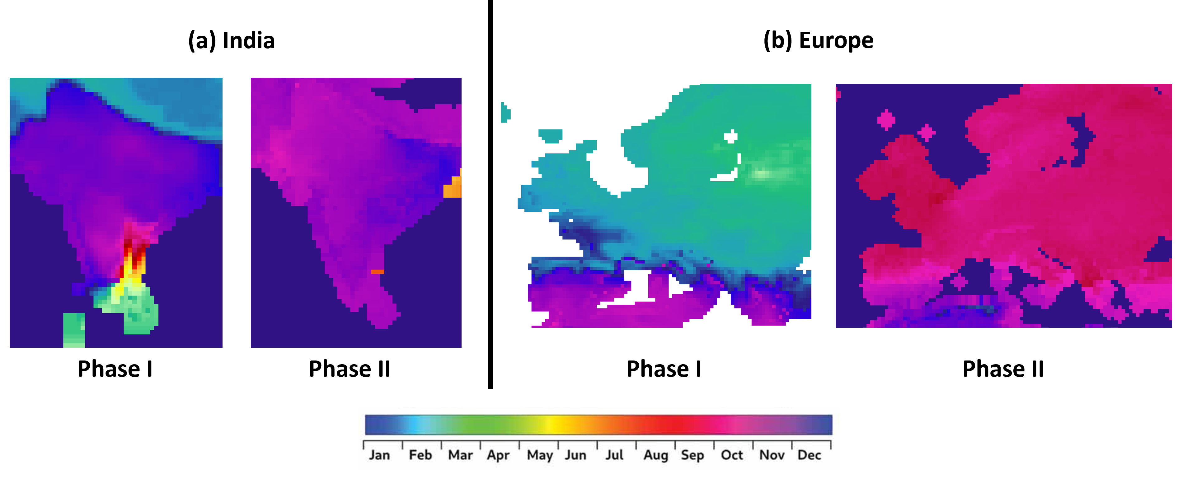 Figure 2: Comparison of Phase I crop calendars versus improved Phase II calendars, specifically for the start of season for winter wheat. Panel (a) demonstrates the reduction in spatial inconsistencies, whereas panel (b) demonstrates the introduction of the dormancy period for winter wheat.